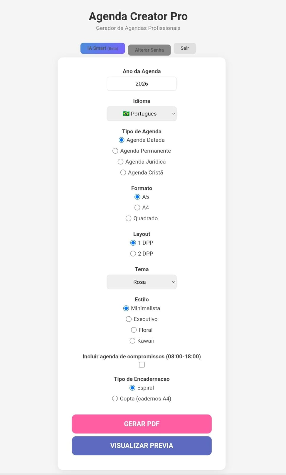 Interface do Agenda Creator Pro — Web