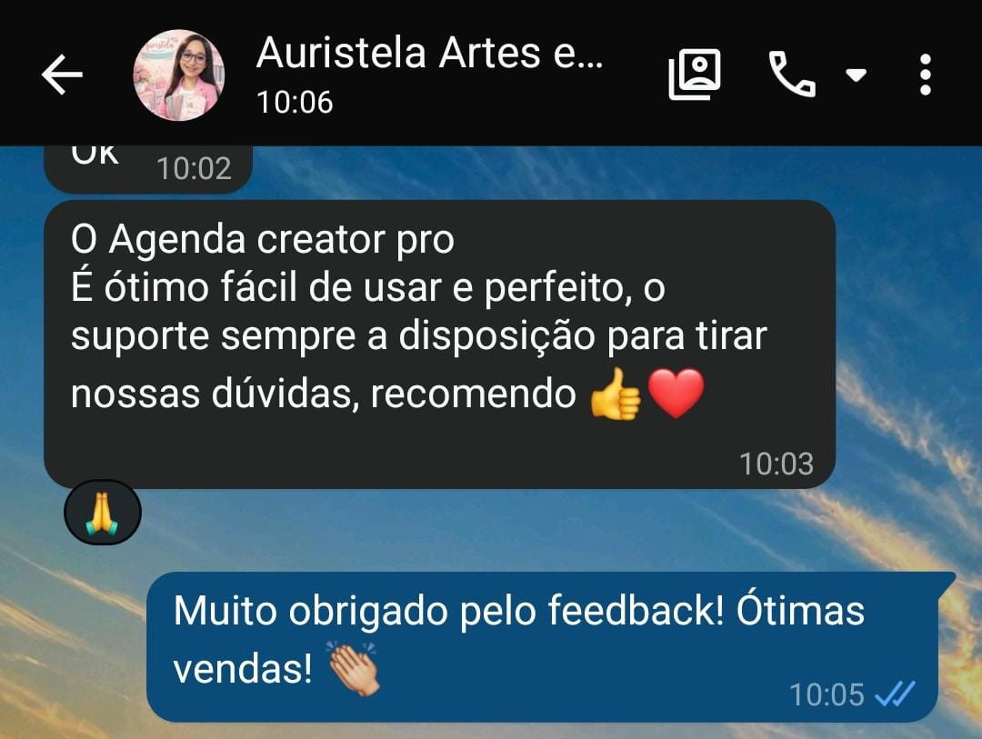 Feedback real de cliente no WhatsApp elogiando o Agenda Creator Pro