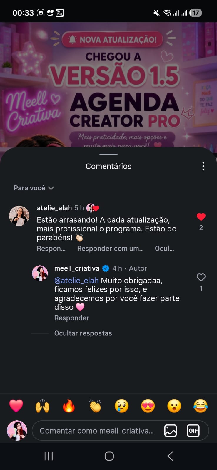 Comentário real no Instagram sobre a versão 1.5 do Agenda Creator Pro